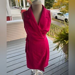 SHEIN Sleeveless Fuchsia Midi Wrap Dress M Collared Waist Sash Dressy VGUC Work